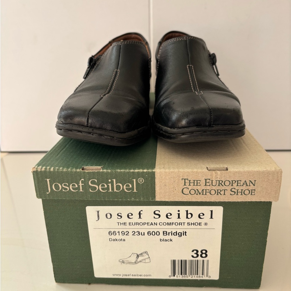 Josef Seibel Black Bridgit Side Zip Square Toe Black Leather Loafers Sz 38